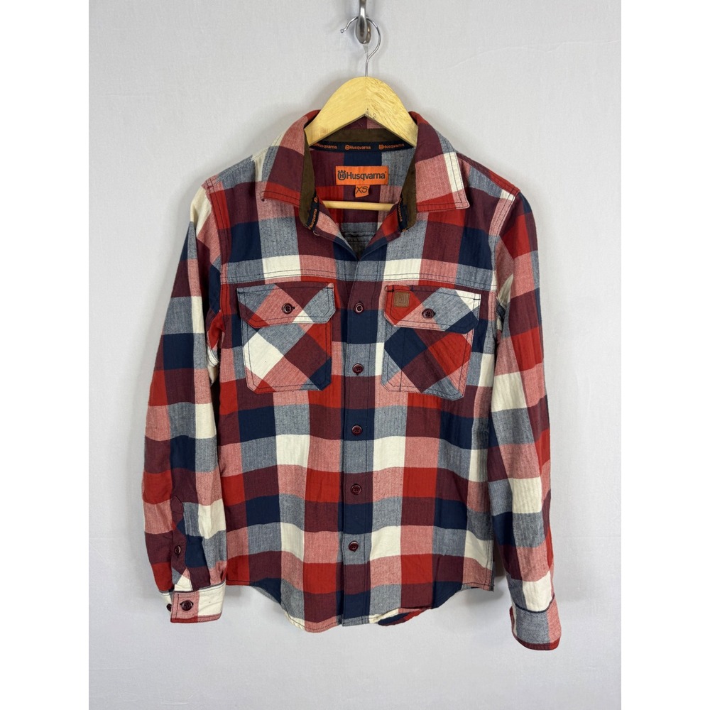 Husqvarna Sylta Plaid Flannel Shirt Mens XS Red Navy Blue Cotton Button Down